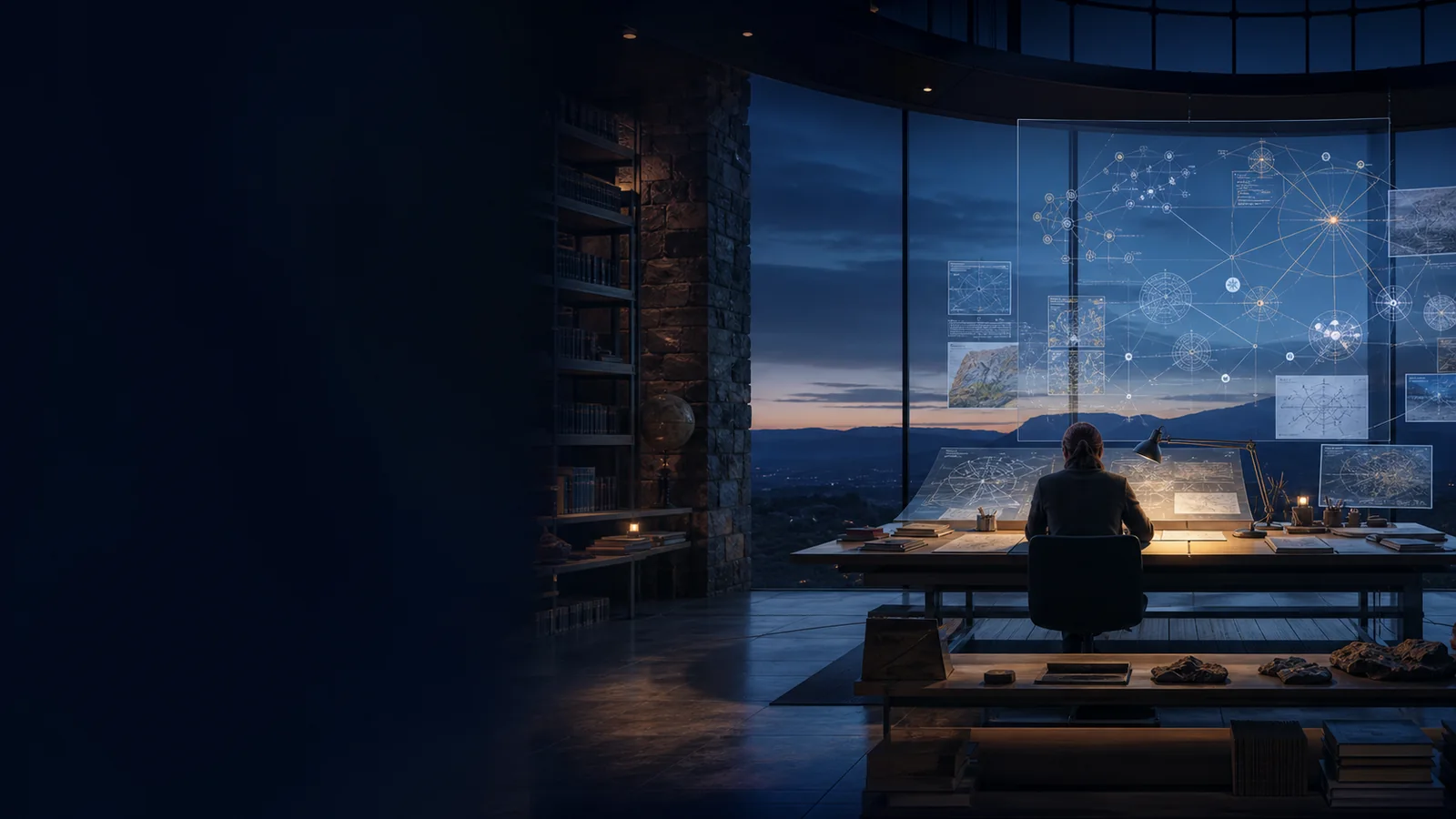 A learner studies an interconnected systems map in a quiet observatory library.