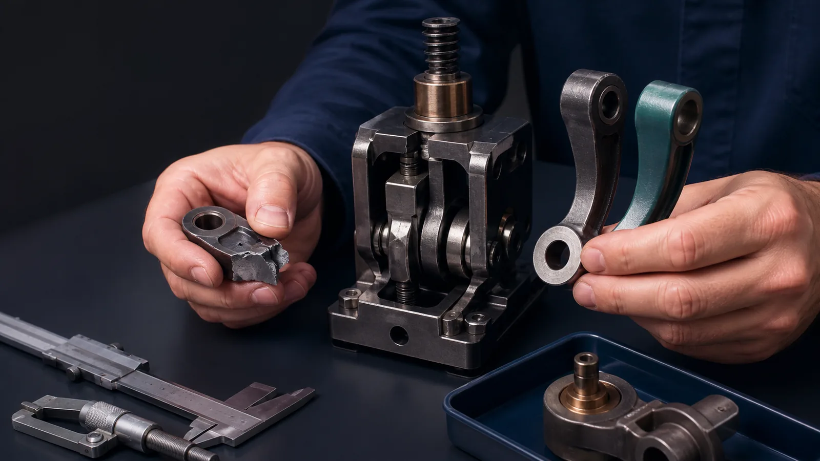 An engineer holds a fractured component and two alternative replacements beside a test mechanism.