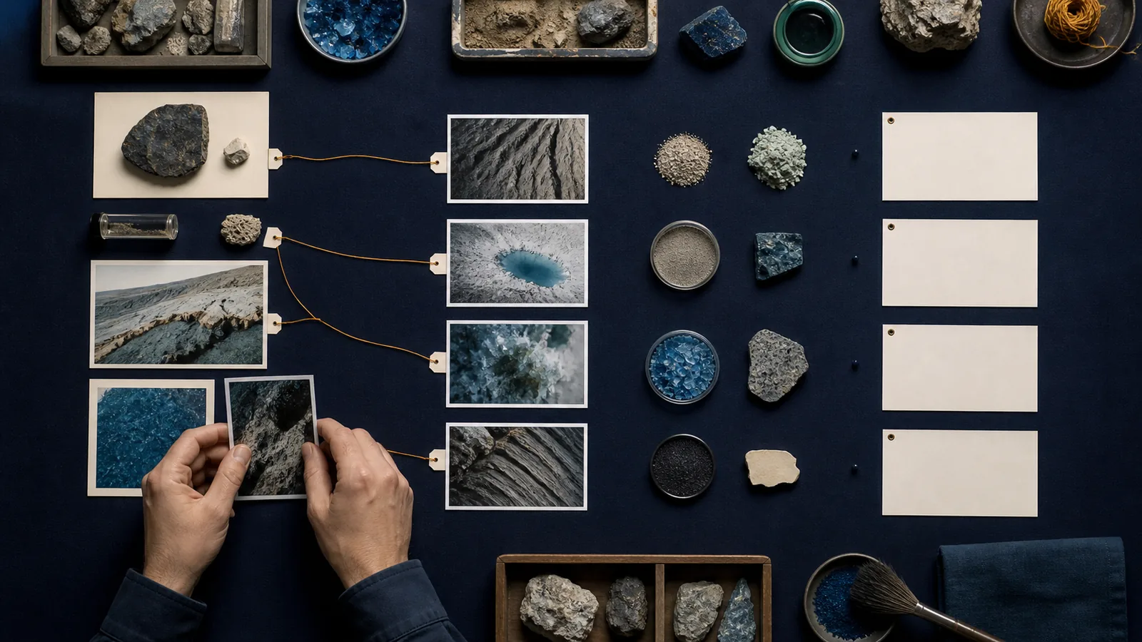 Hands compare source photographs and material samples arranged beside deliberately empty spaces for unknowns.